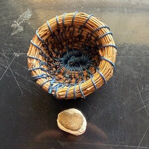 Natural Pine Woven Basket with heart shaped rock.